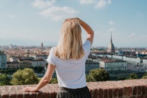 Woman in Turin, Italy looking over the city