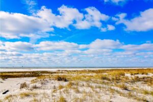 White sand beach on nice day in Dauphin Island, AL