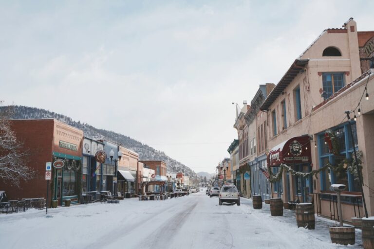 Snow-covered streets in Idaho Springs, CO