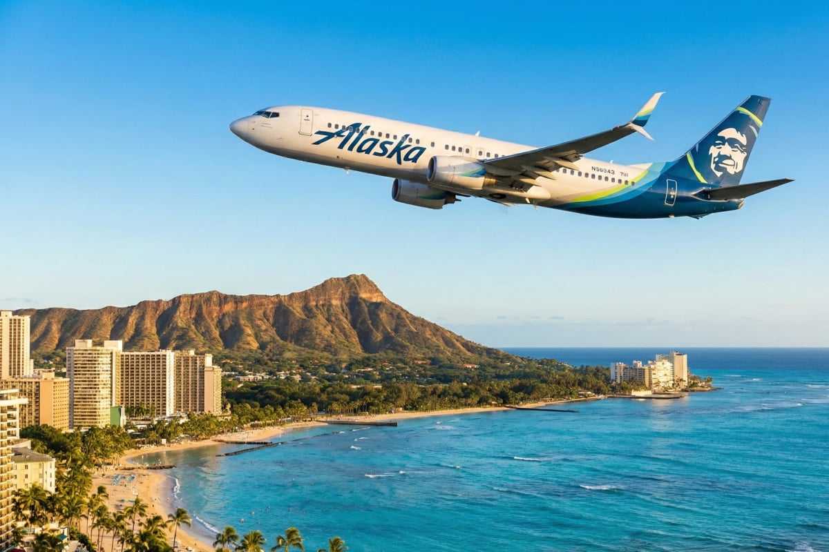 An Alaska Airlines Boeing 737 jet flying over Waikiki Beach and the Diamond Head volcanic cone in Honolulu, Hawaii.